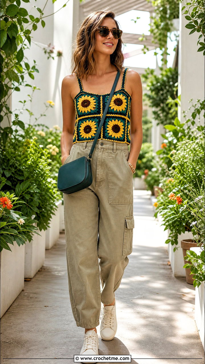 Sunflower Crochet Tank Top With Khaki Pants - 35 crochet tank tops outfit ideas