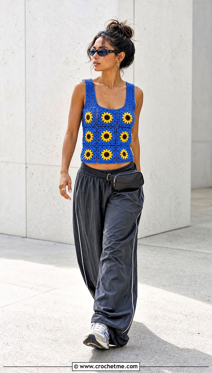 Sunflower Crochet Tank Top With Track Pants - 25 sunflower crochet top outfit ideas