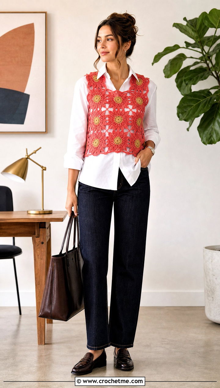 Sunflower Crochet Vest Top With White Button Down Shirt - 25 sunflower crochet top outfit ideas