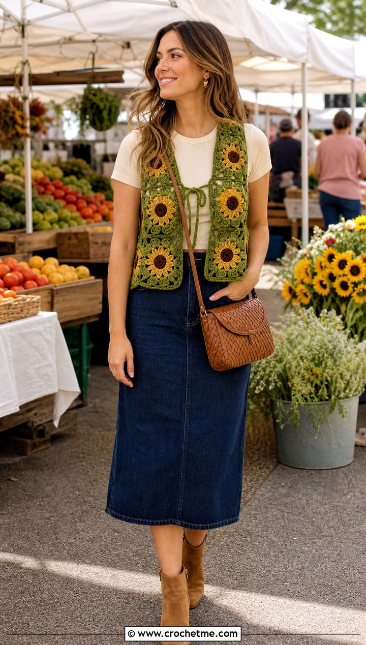 Sunflower Crochet Vest With Denim Midi Skirt - 15 green crochet vest design outfit ideas