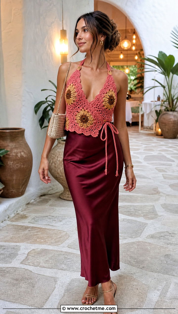 Sunflower Crochet Wrap Top With Slip Skirt - 25 sunflower crochet top outfit ideas