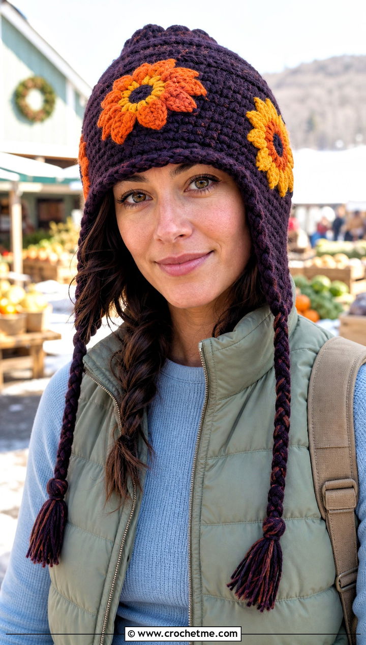 Sunflower Earflap Hat With Puffer Vest And Straight Leg Jeans - 15 Handmade Crochet Sunflower Hat outfit ideas