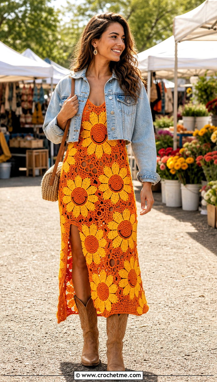 Sunflower Face Crochet Dress With Cowboy Boots - 20 Funny Crochet Clothes and outfit ideas
