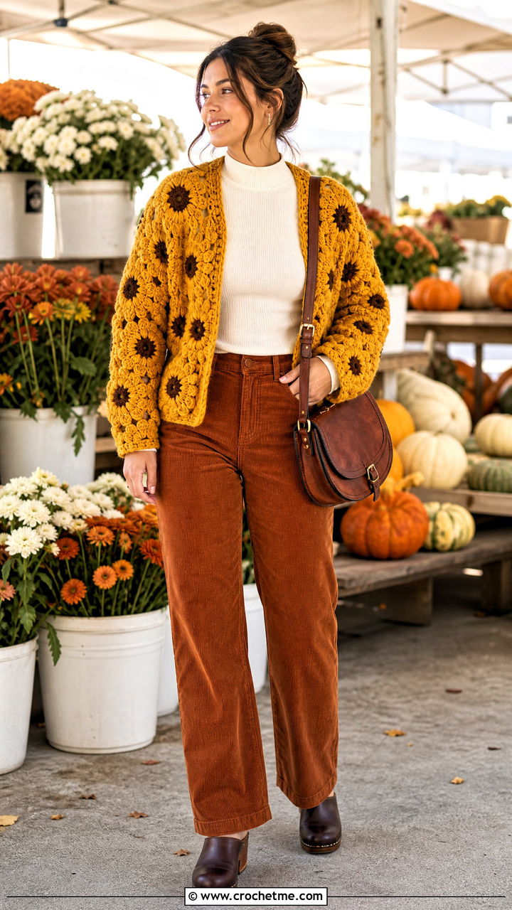 Sunflower Granny Cardigan With Corduroy Pants - 35 crochet granny cardigan outfit ideas