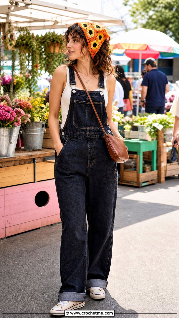 Sunflower Granny Head Scarf With Denim Overalls - 35 crochet head scarf outfit ideas