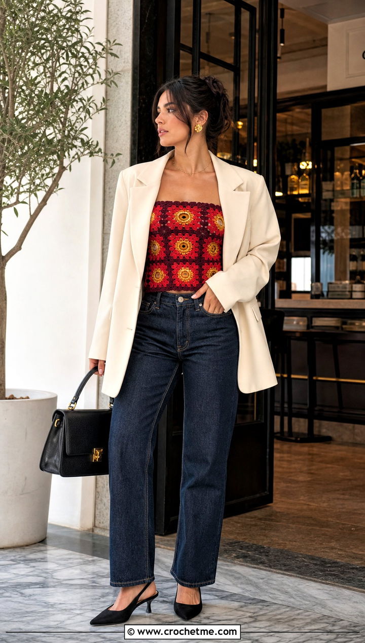 Sunflower Granny Square Bandeau Top With Blazer And Jeans - 30 Sunflower Granny Square Top outfit ideas
