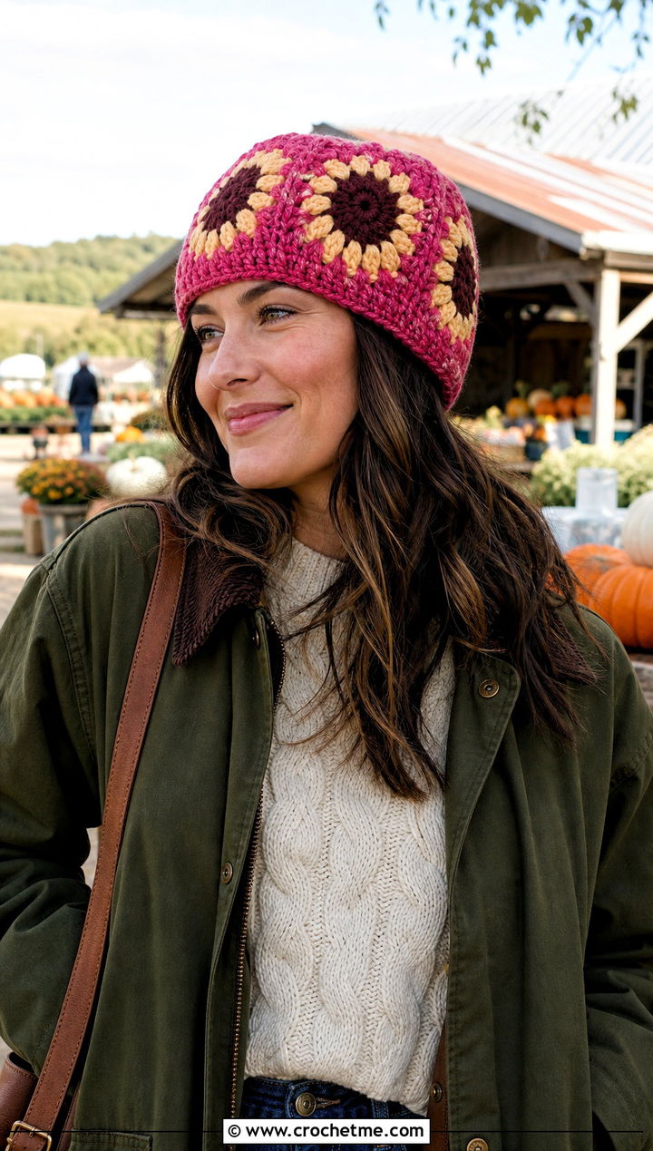 Sunflower Granny Square Beanie With Barn Jacket - 30 granny square beanie outfit ideas