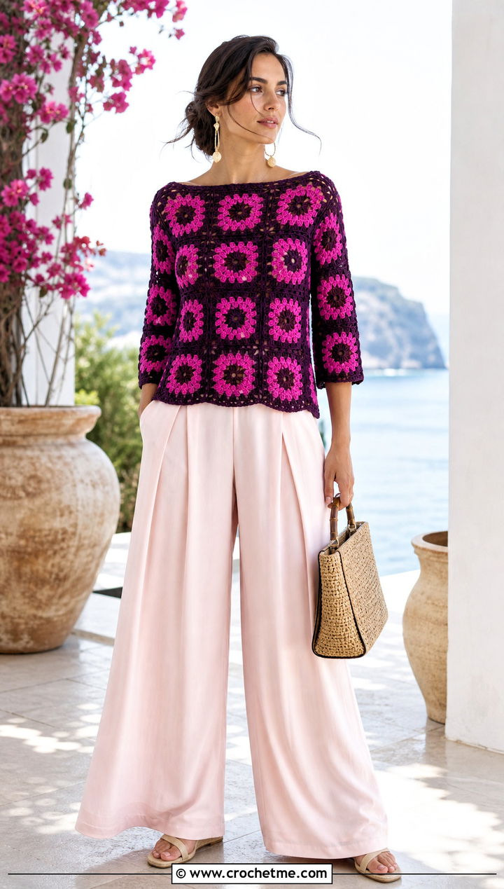 Sunflower Granny Square Boat Neck Top With Palazzo Pants - 30 Sunflower Granny Square Top outfit ideas