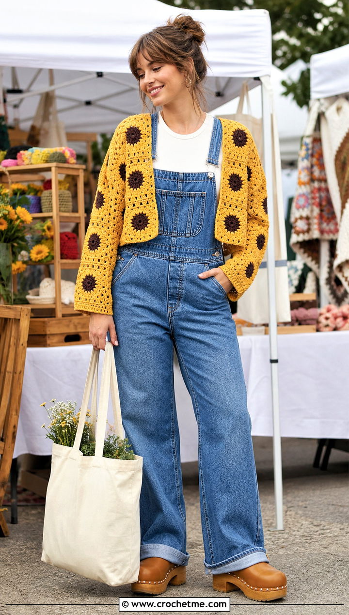 Sunflower Granny Square Bolero With Denim Overalls - 35 granny square bolero outfit ideas