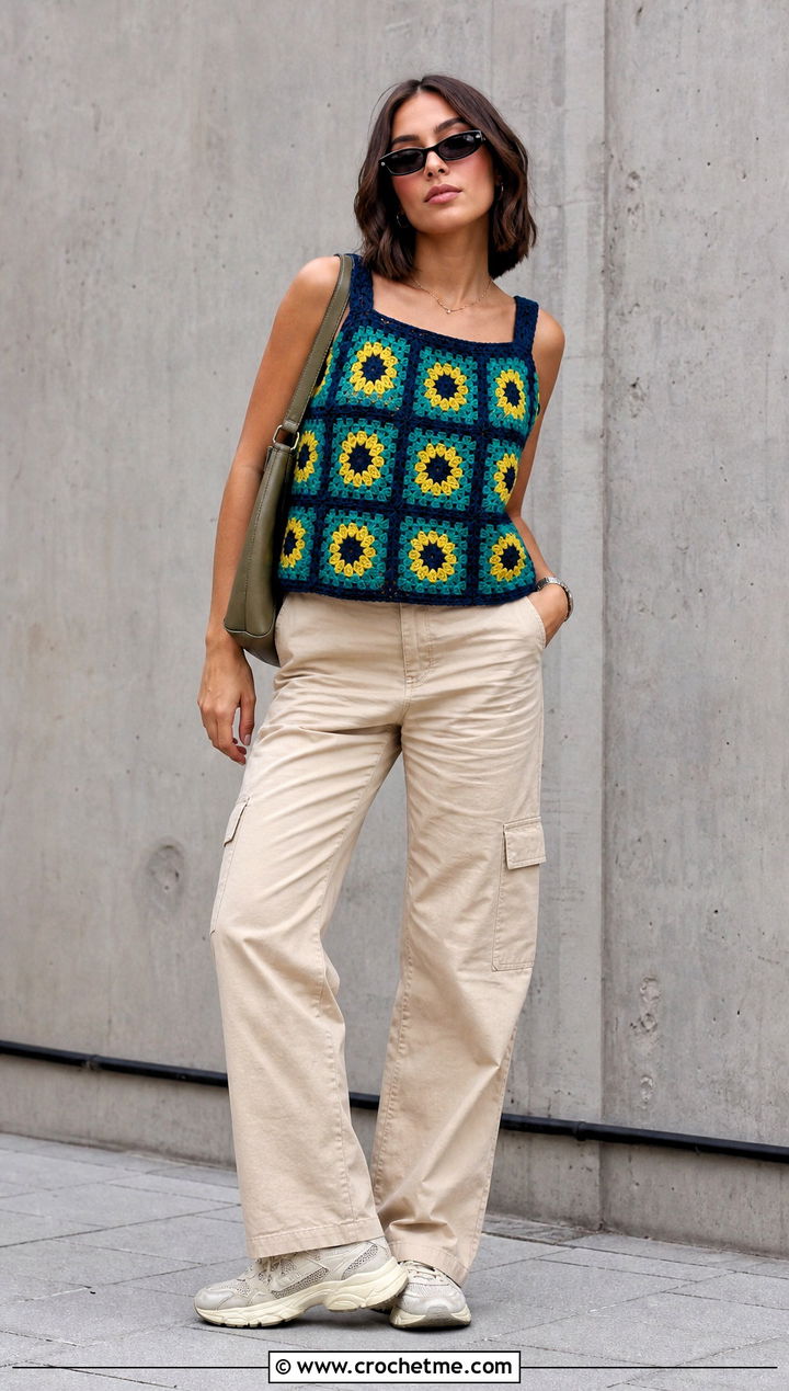 Sunflower Granny Square Boxy Tank With Cargo Pants - 30 Sunflower Granny Square Top outfit ideas