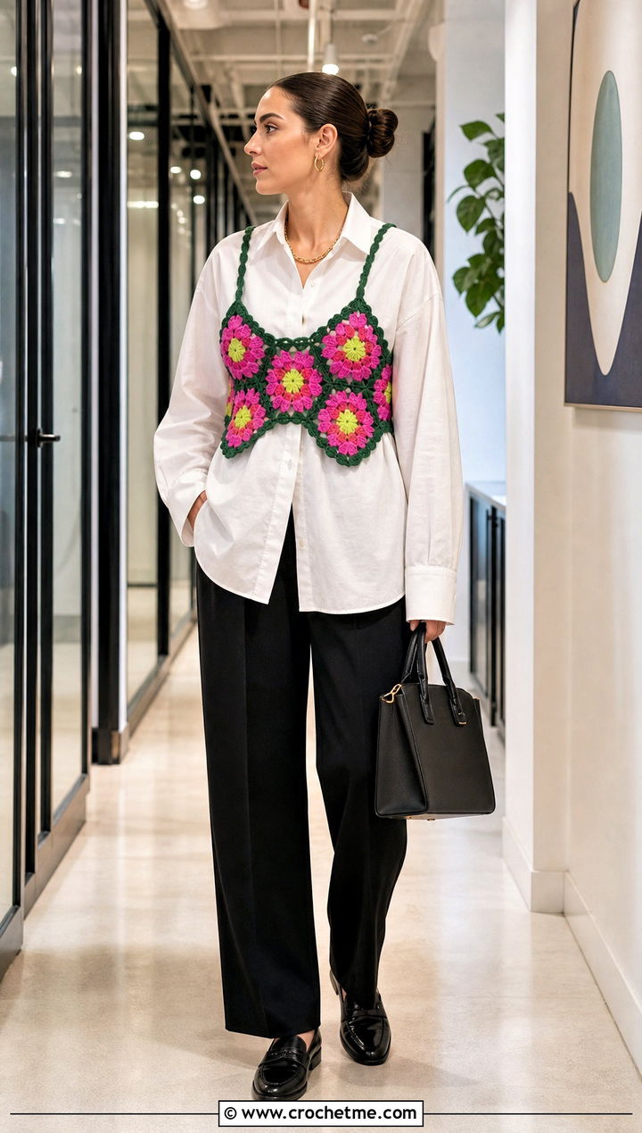 Sunflower Granny Square Bralette Top Over A Button Down Shirt - 30 Sunflower Granny Square Top outfit ideas