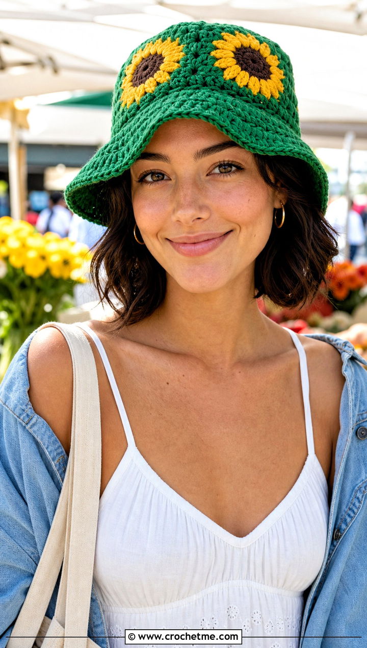Sunflower Granny Square Bucket Hat With Sundress And Sandals - 30 crochet granny stitch bucket hat outfit ideas