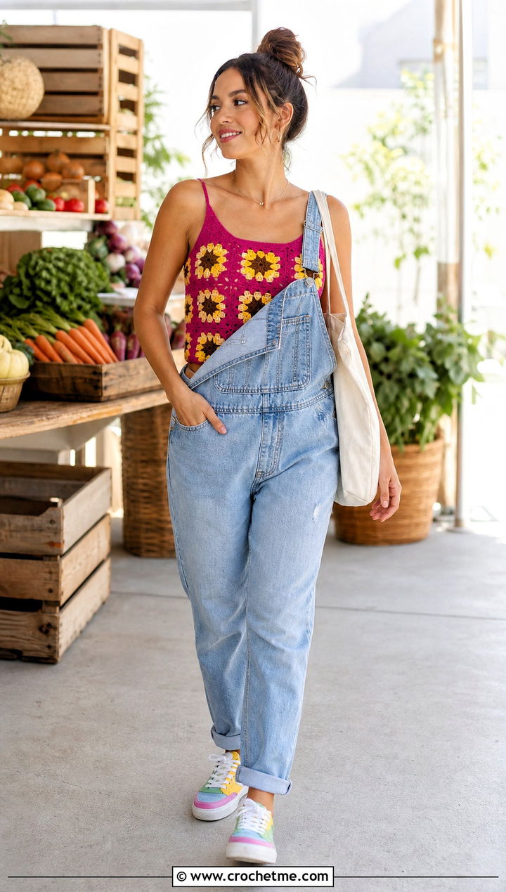 Sunflower Granny Square Cami Top With Denim Overalls - 30 Sunflower Granny Square Top outfit ideas