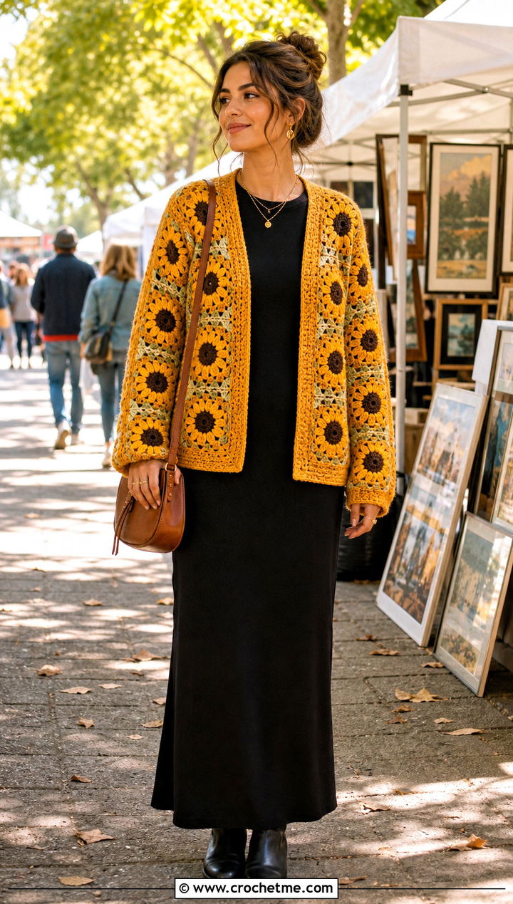 Sunflower Granny Square Cardigan With A Black Maxi Dress - 20 boho granny square cardigan outfit ideas