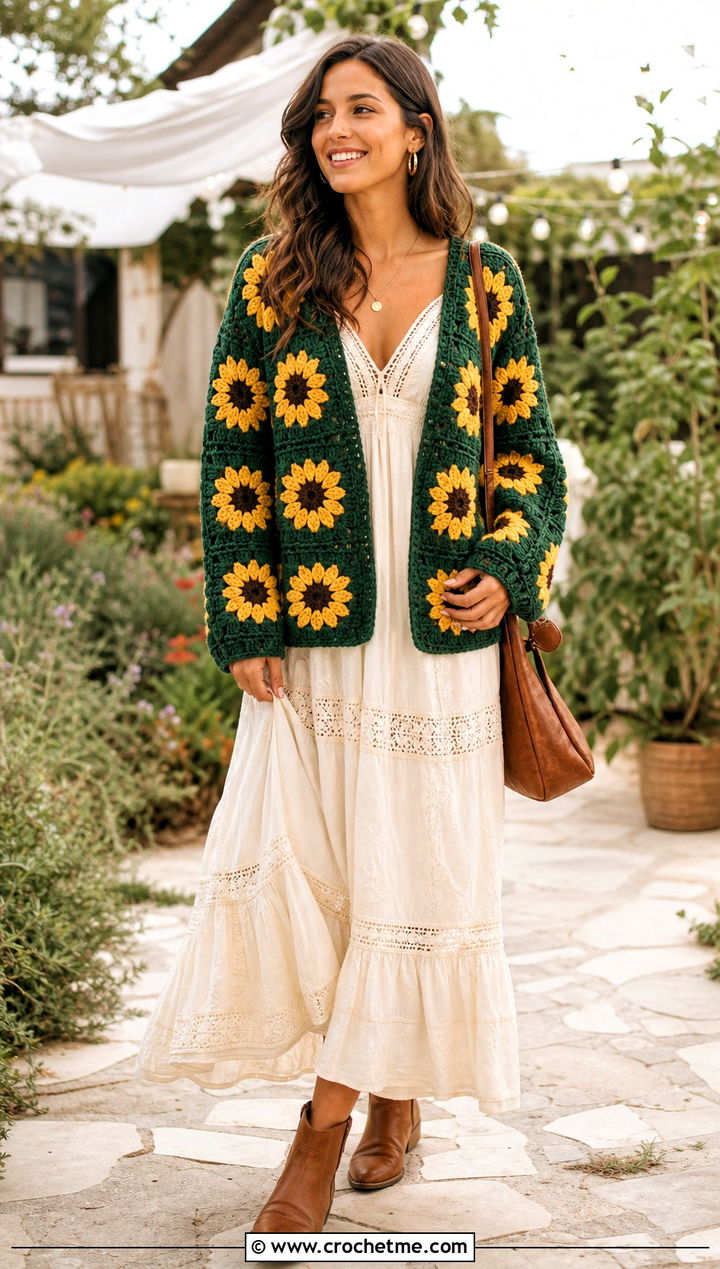 Sunflower Granny Square Cardigan With Boho Maxi Dress - 25 One Granny Square Cardigan outfit ideas