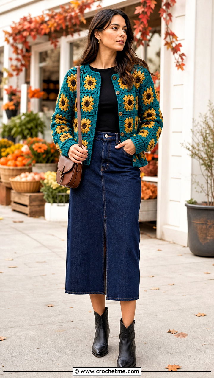 Sunflower Granny Square Cardigan With Denim Midi Skirt - 30 crochet flower cardigan outfit ideas