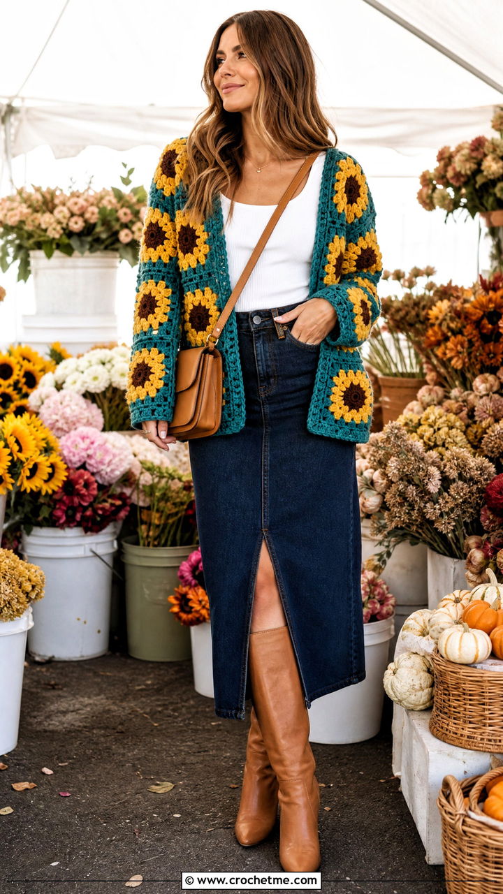 Sunflower Granny Square Cardigan With Denim Midi Skirt - 35 chunky crochet cardigan outfit ideas