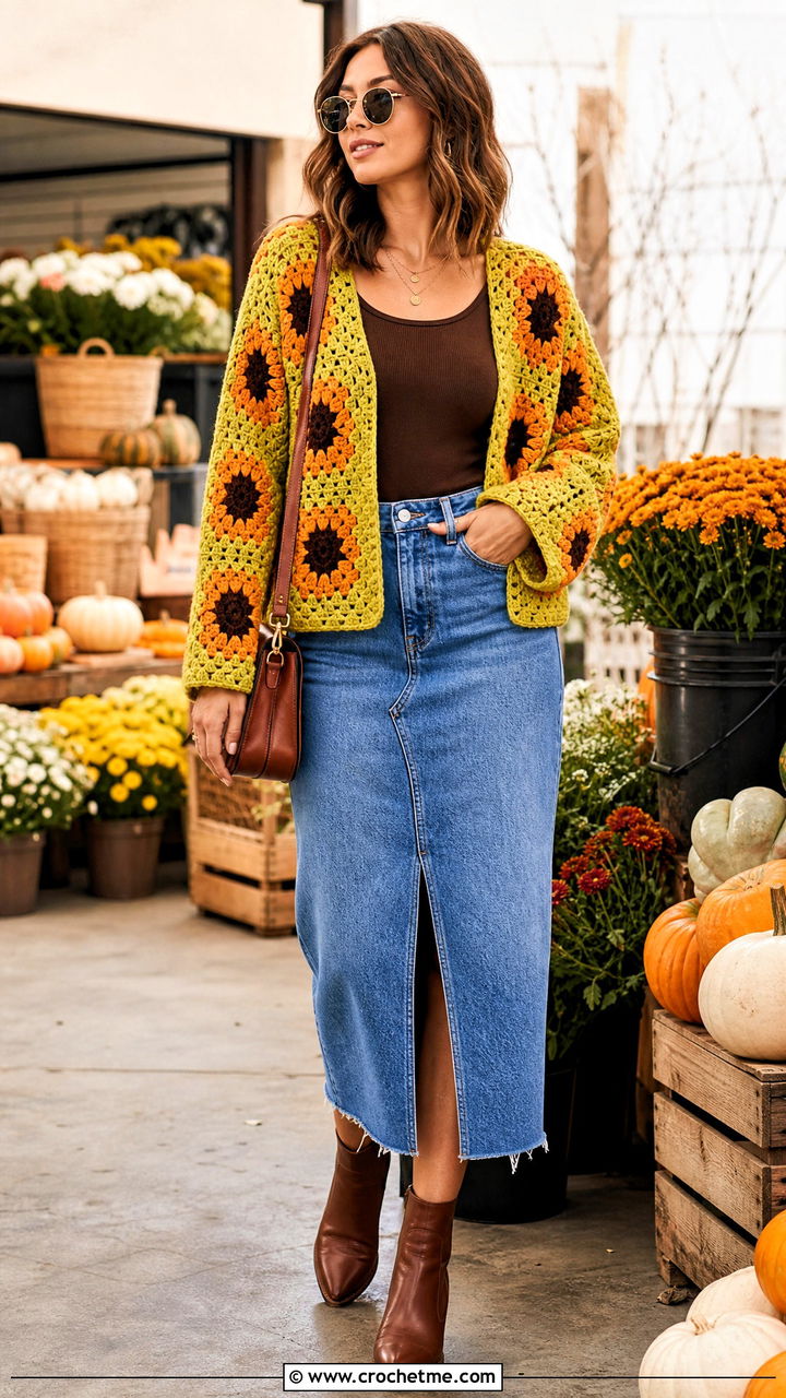 Sunflower Granny Square Cardigan With Denim Midi Skirt - 35 crochet granny square cardigan outfit ideas