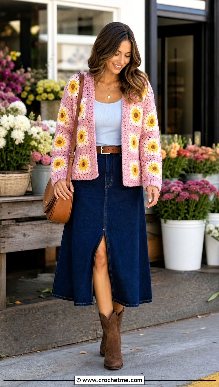Sunflower Granny Square Cardigan With Denim Midi Skirt - 35 granny square crochet cardigan jacket outfit ideas