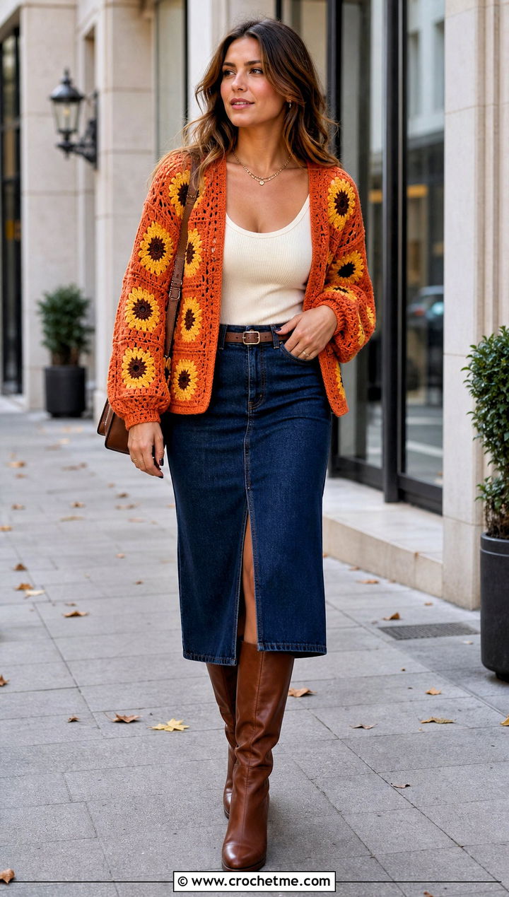 Sunflower Granny Square Cardigan With Denim Midi Skirt - 15 Granny Square Cardigan Sweaters & Cardigans outfit ideas