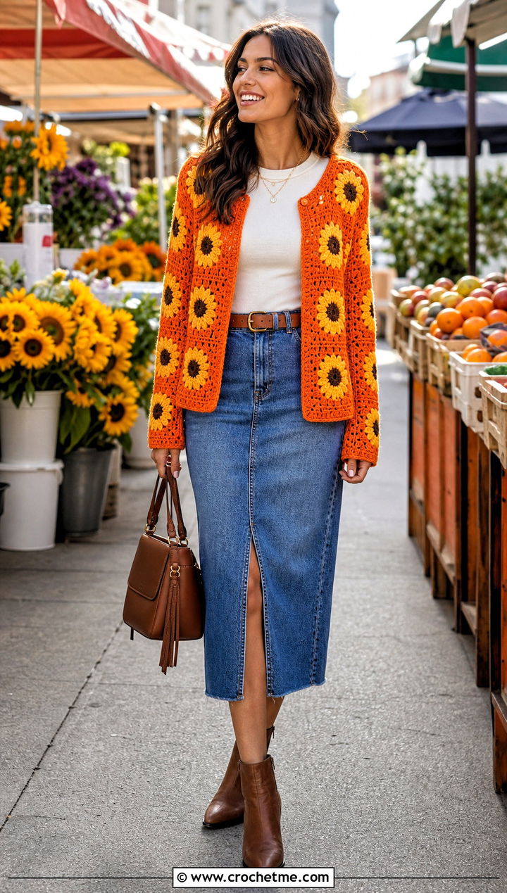 Sunflower Granny Square Cardigan With Denim Midi Skirt - 15 Womens Granny Square Cardigan outfit ideas