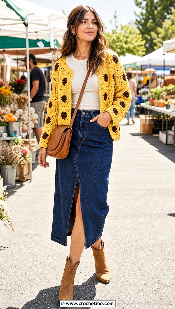 Sunflower Granny Square Cardigan With Denim Midi Skirt - 30 cardigan with granny square outfit ideas