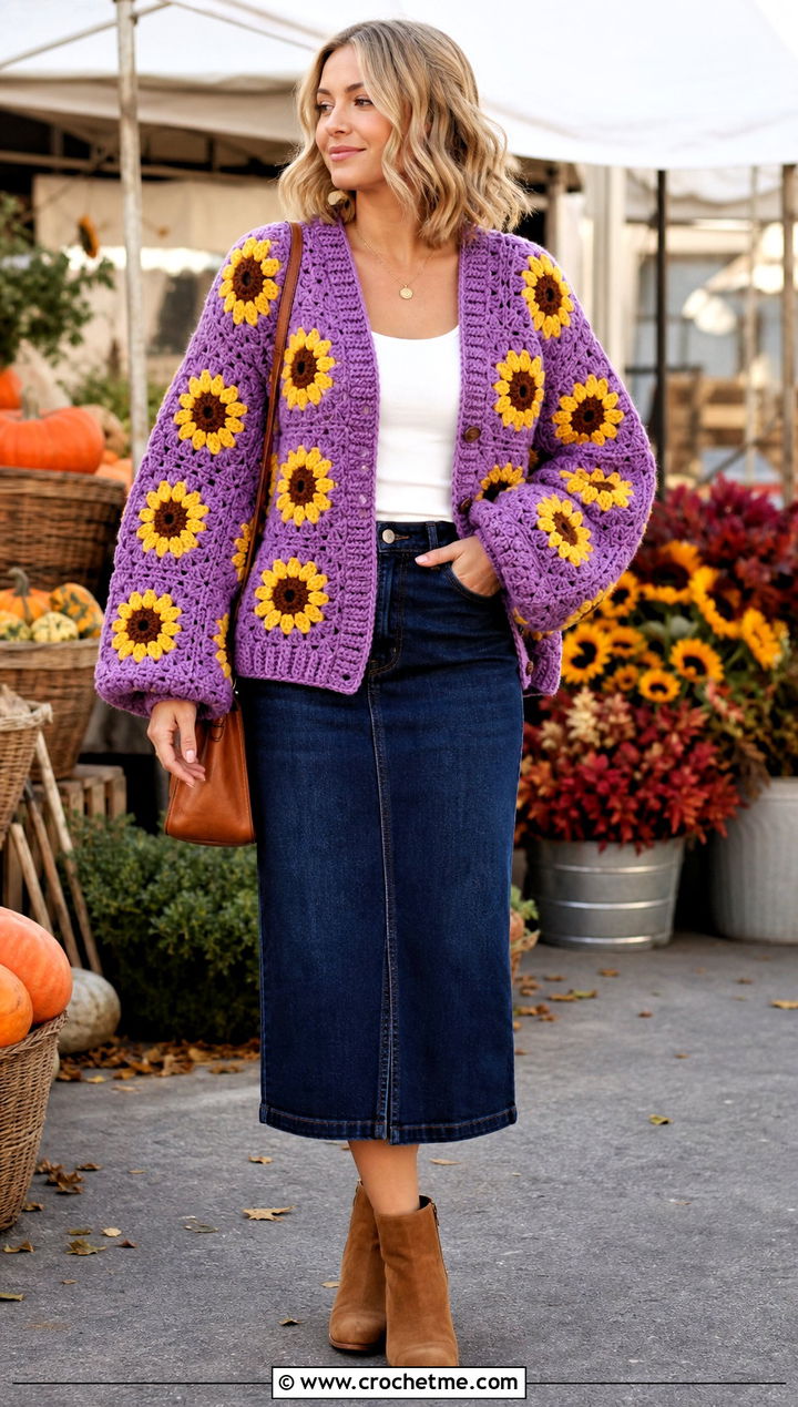 Sunflower Granny Square Cardigan With Denim Skirt - 30 granny squares cardigan outfit ideas