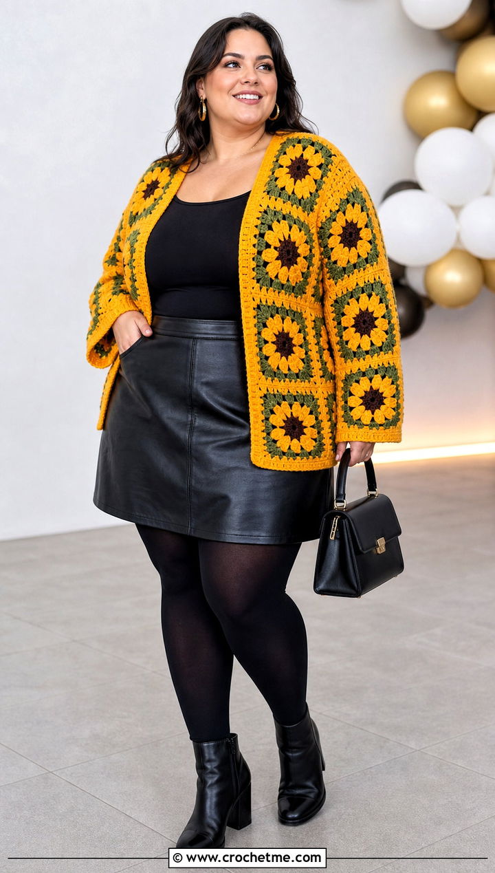Sunflower Granny Square Cardigan With Faux Leather Skirt - 30 plus size crochet granny square cardigan outfit ideas
