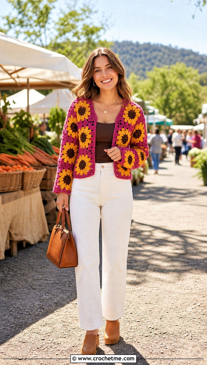 Sunflower Granny Square Cardigan With White Denim - 15 Never Off Granny Square Cardigan outfit ideas