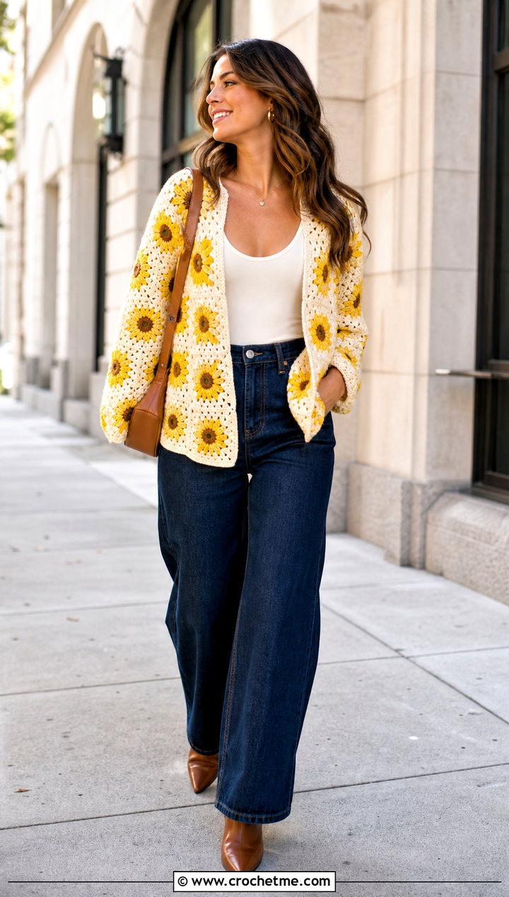 Sunflower Granny Square Cardigan With Wide Leg Jeans - 30 crochet granny squares cardigan outfit ideas