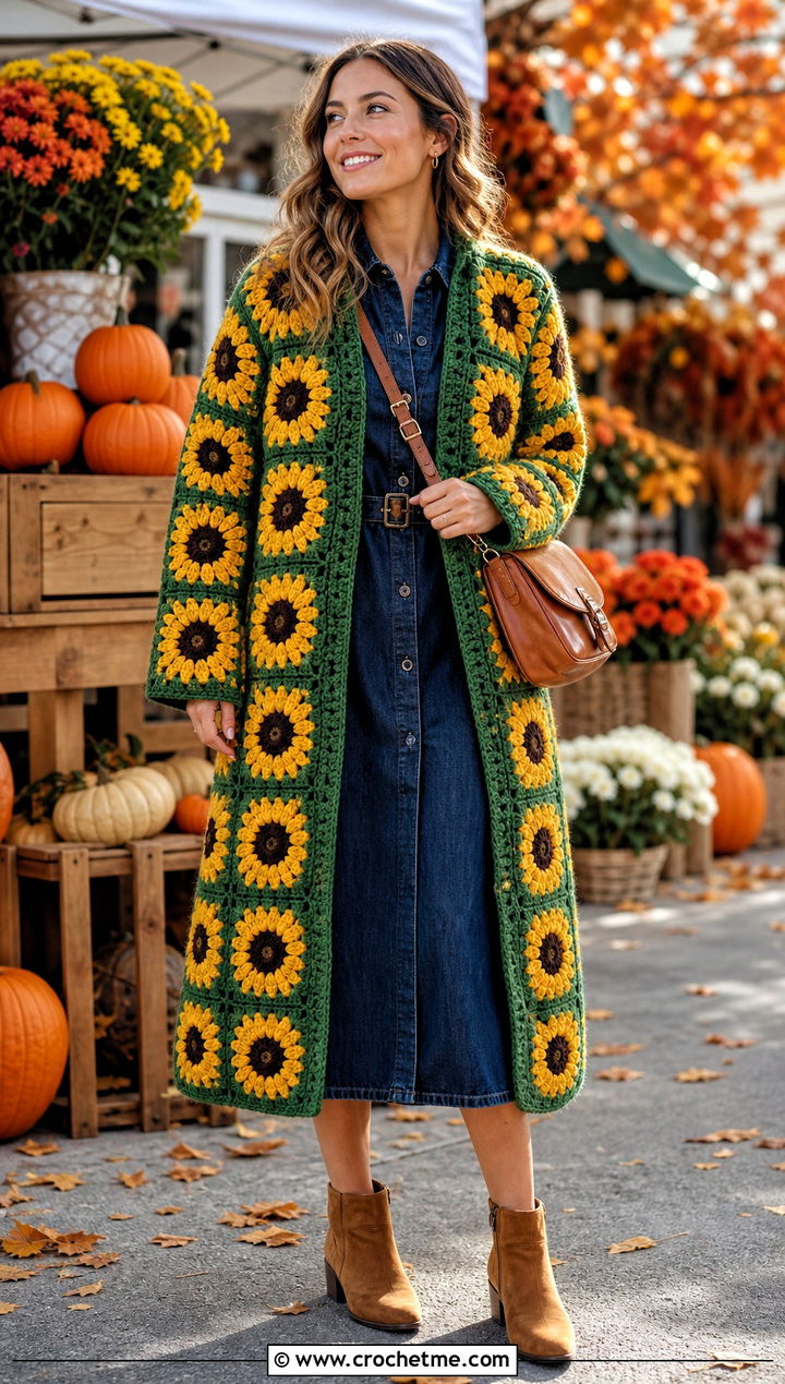 Sunflower Granny Square Coat With Denim Dress - 30 crochet granny square coat outfit ideas