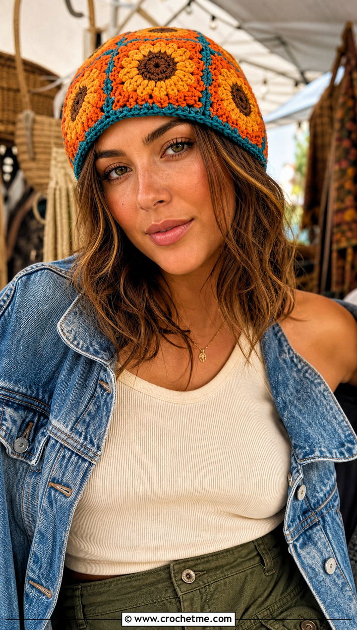 Sunflower Granny Square Crochet Beanie With Denim Jacket And Cargo Pants - 30 granny square crochet beanie outfit ideas