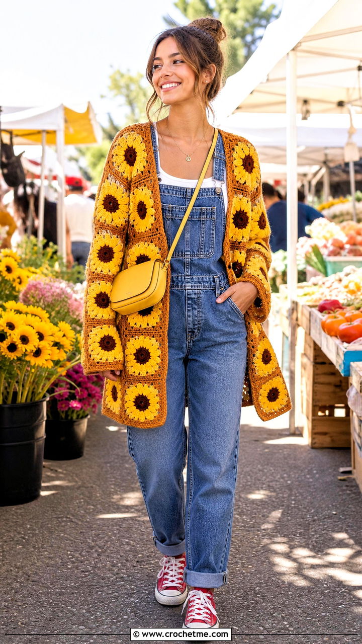 Sunflower Granny Square Crochet Boho Cardigan With Overalls - 35 crochet boho cardigan outfit ideas