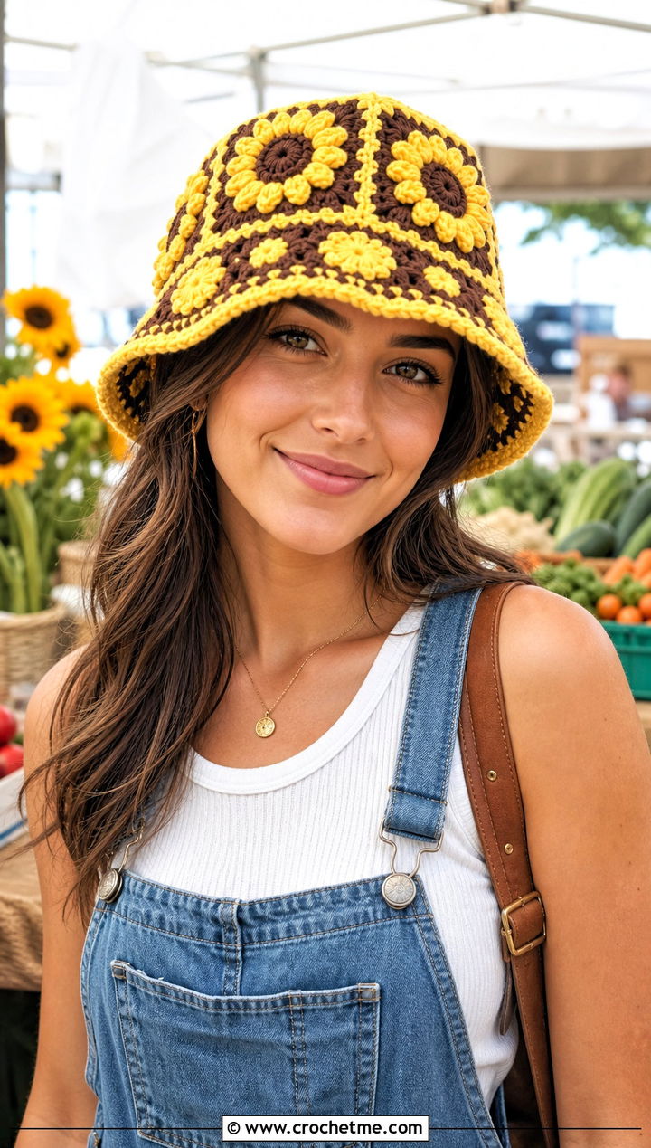 Sunflower Granny Square Crochet Bucket Hat With Denim Overalls - 35 granny square crochet bucket hat outfit ideas