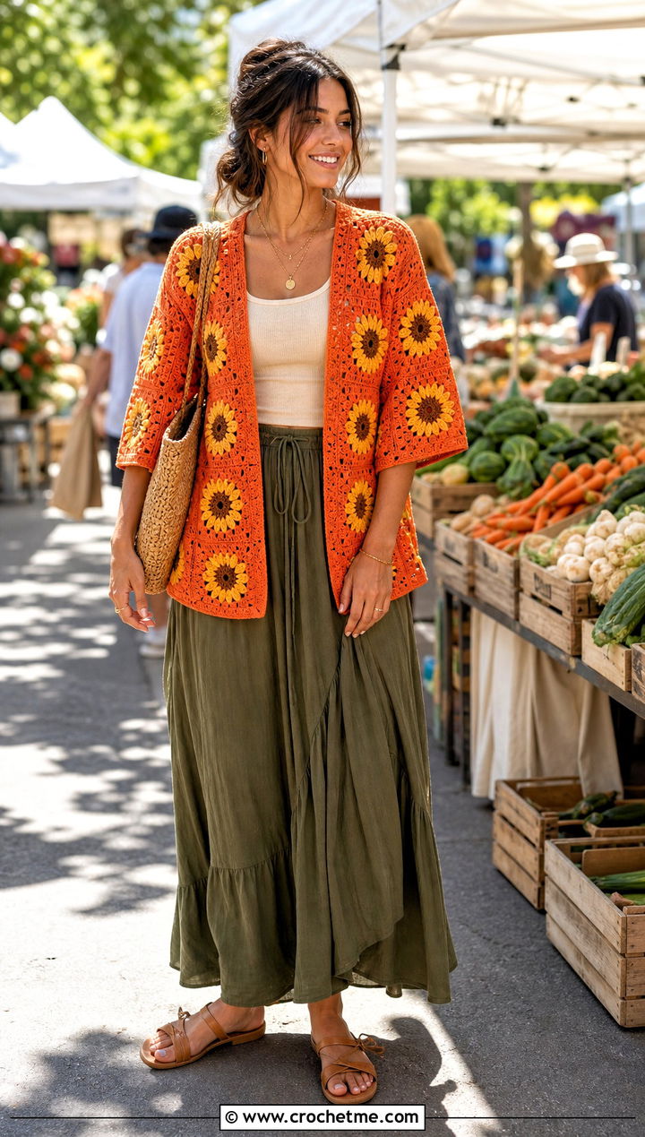 Sunflower Granny Square Crochet Cardigan With Maxi Skirt - 25 Crochet Cardigan From Square outfit ideas