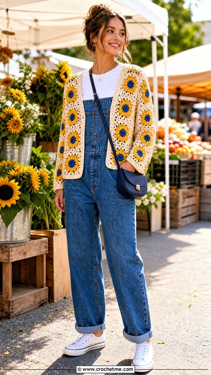 Sunflower Granny Square Crochet Cardigan With Overalls - 35 crochet cardigans outfit ideas