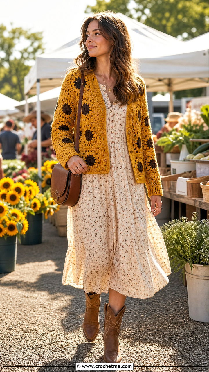 Sunflower Granny Square Crochet Cardigan With Prairie Dress - 35 granny square crochet cardigan outfit ideas