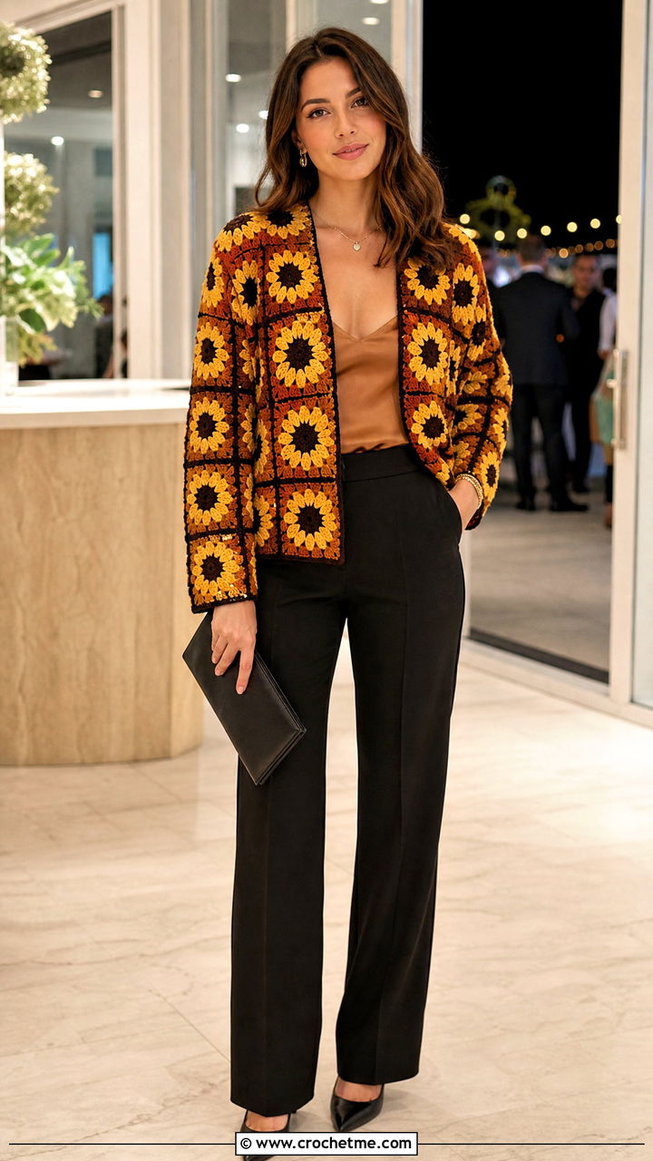 Sunflower Granny Square Crochet Cardigan With Silk Camisole - 35 simple crochet cardigan outfit ideas
