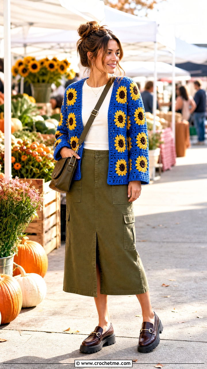 Sunflower Granny Square Crochet Cardigan With Utility Skirt - 35 crochet cardigan for women outfit ideas