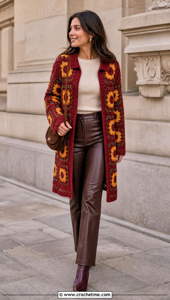 Sunflower Granny Square Crochet Coat With Brown Leather Pants - 25 Granny Square Crochet Coat outfit ideas