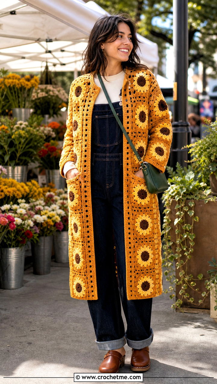 Sunflower Granny Square Crochet Coat With Overalls - 30 women crochet coat outfit ideas