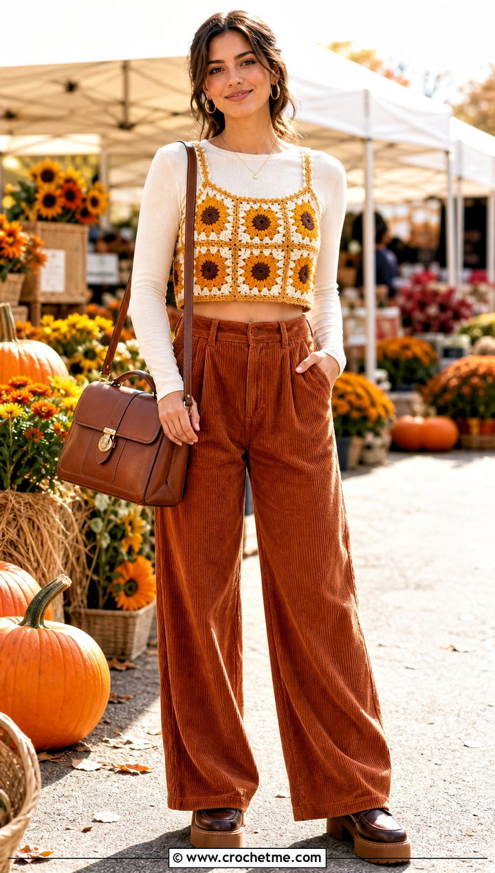 Sunflower Granny Square Crochet Crop Top With Corduroy Pants - 30 crochet flower crop top outfit ideas