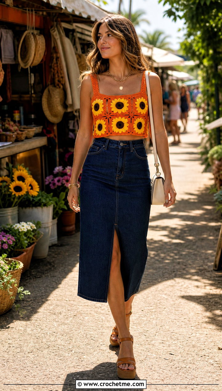 Sunflower Granny Square Crochet Crop Top With Denim Midi Skirt - 30 granny square crochet crop top outfit ideas