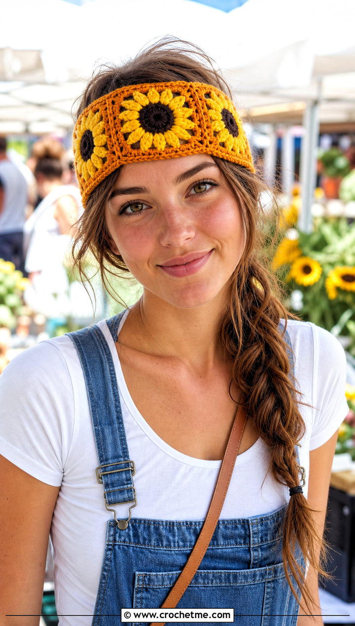 Sunflower Granny Square Crochet Headband With Overalls - 30 simple crochet head bands outfit ideas