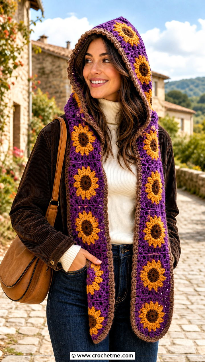 Sunflower Granny Square Crochet Hooded Scarf With Corduroy Jacket - 30 Granny Square Crochet Hooded Scarf outfit ideas