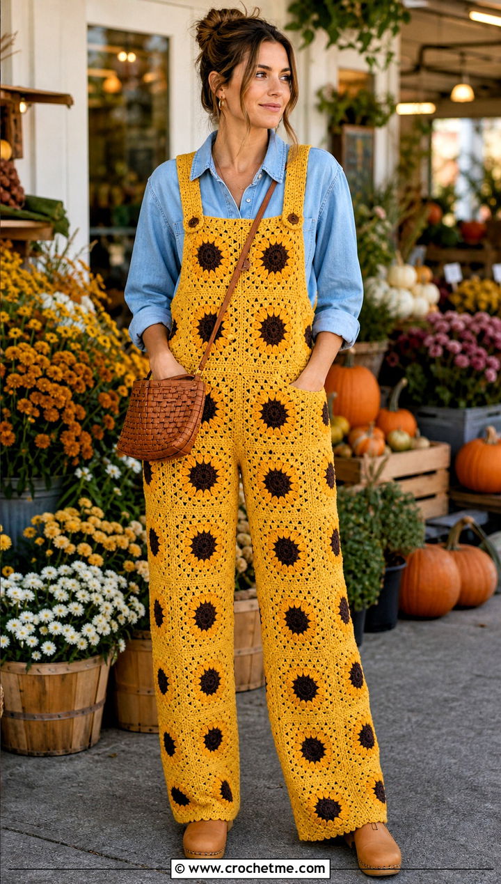 Sunflower Granny Square Crochet Overalls With Denim Shirt - 20 Granny Square Crochet Overalls outfit ideas