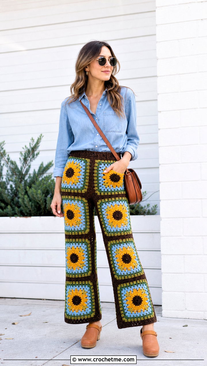 Sunflower Granny Square Crochet Pants With Chambray Shirt - 25 Granny Square Crochet Pants outfit ideas