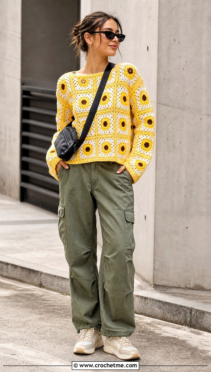 Sunflower Granny Square Crochet Sweater With Cargo Pants - 35 crochet sweater with flowers outfit ideas