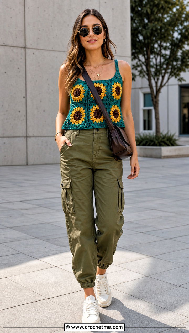 Sunflower Granny Square Crochet Tank Top With Cargo Pants - 25 Granny Square Crochet Tank Top outfit ideas