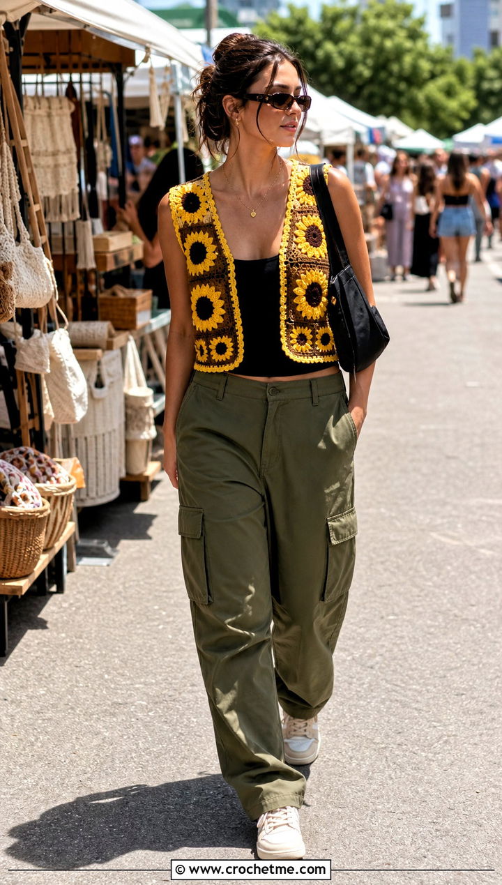 Sunflower Granny Square Crochet Vest With Cargo Pants - 25 Granny Square Crochet Vest outfit ideas